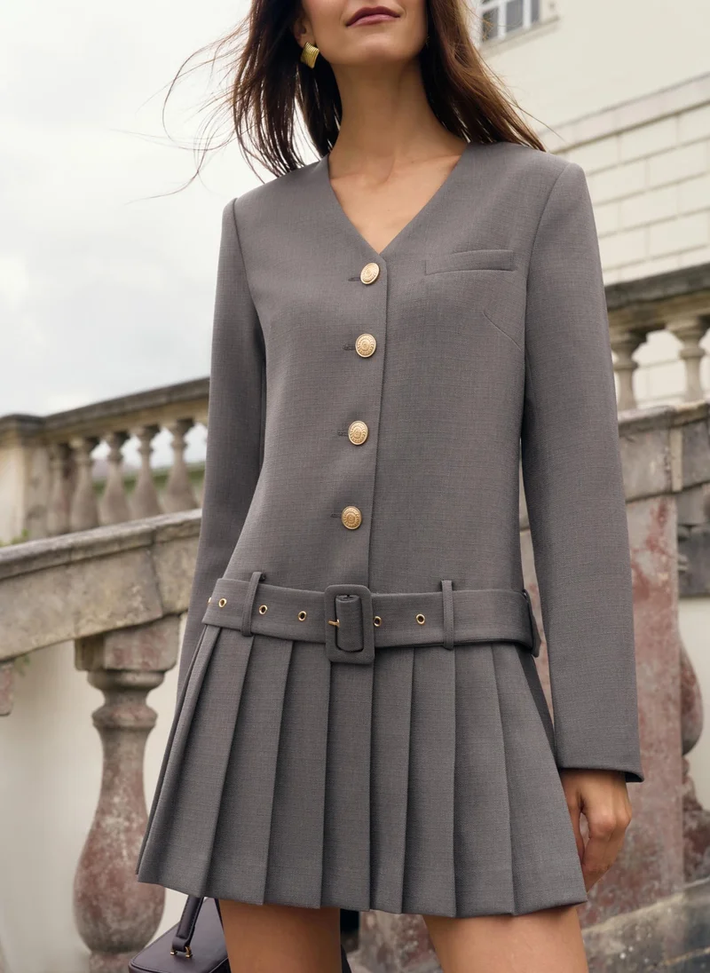 Lichi Mini dress in suiting fabric with wide matching belt